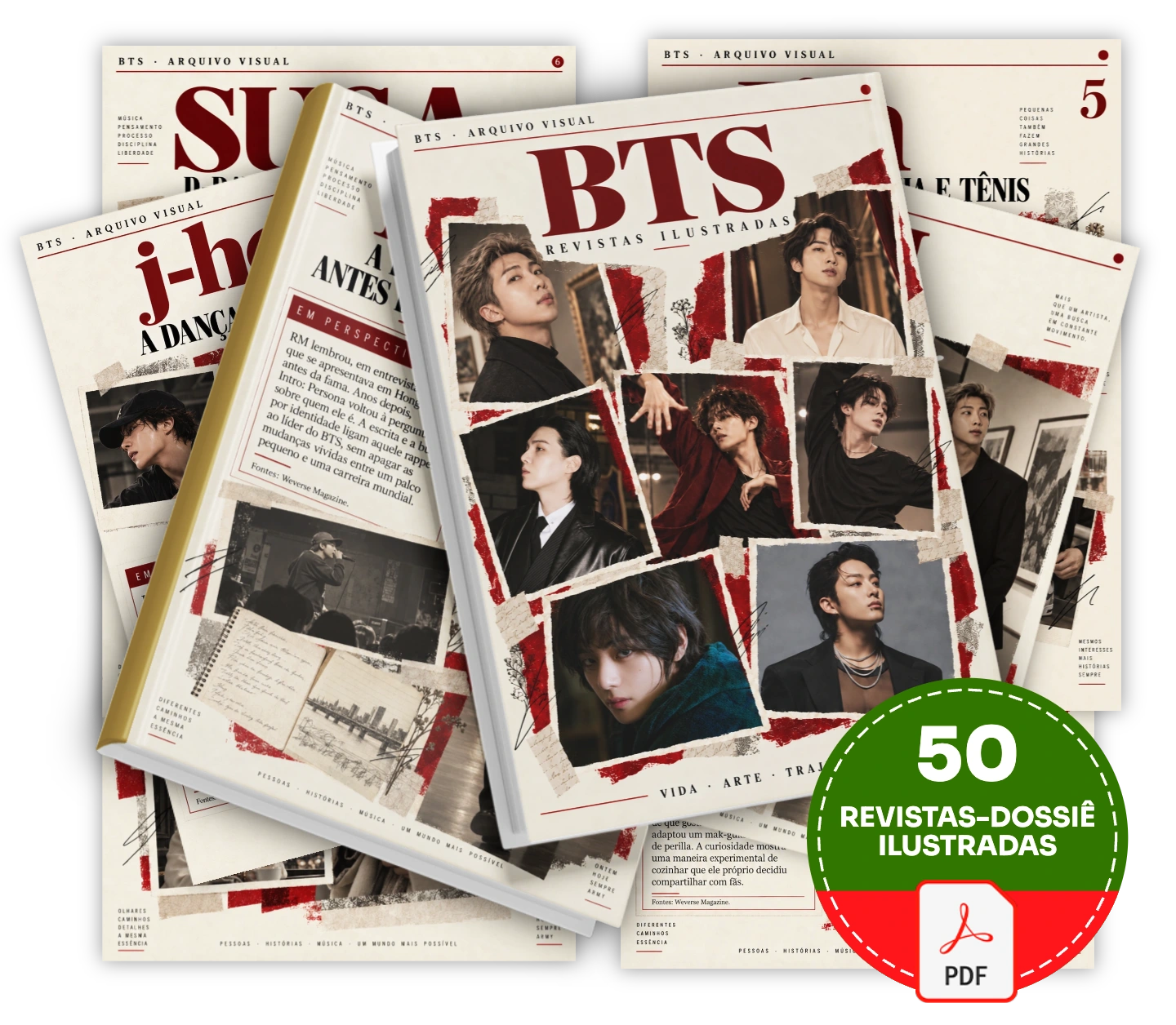 Leia as histórias públicas dos integrantes do BTS em 50 revistas-dossiê ilustradas e descubra as particularidades de suas trajetórias.